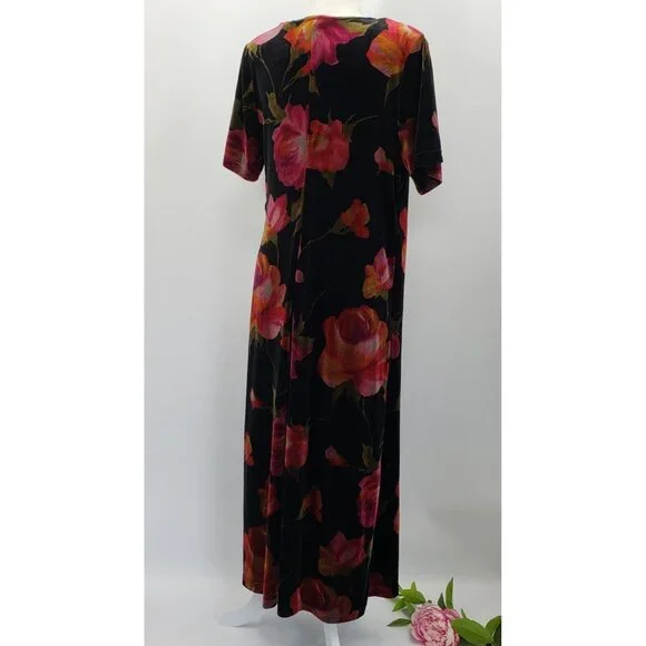 Vintage Los Angeles Woman Velvet Maxi Dress Size 14 Black Floral Faux Wrap - Picture 6 of 8